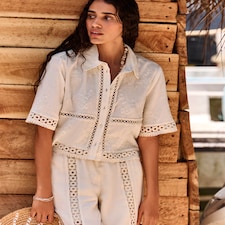 The F&F Edit Pure Cotton Lace Insert Wide Leg Trousers in Cream