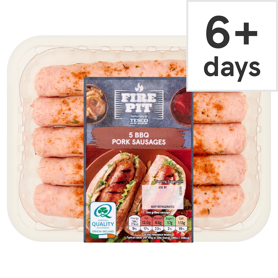 Tesco Fire Pit 5 BBQ Pork Sausages 353g