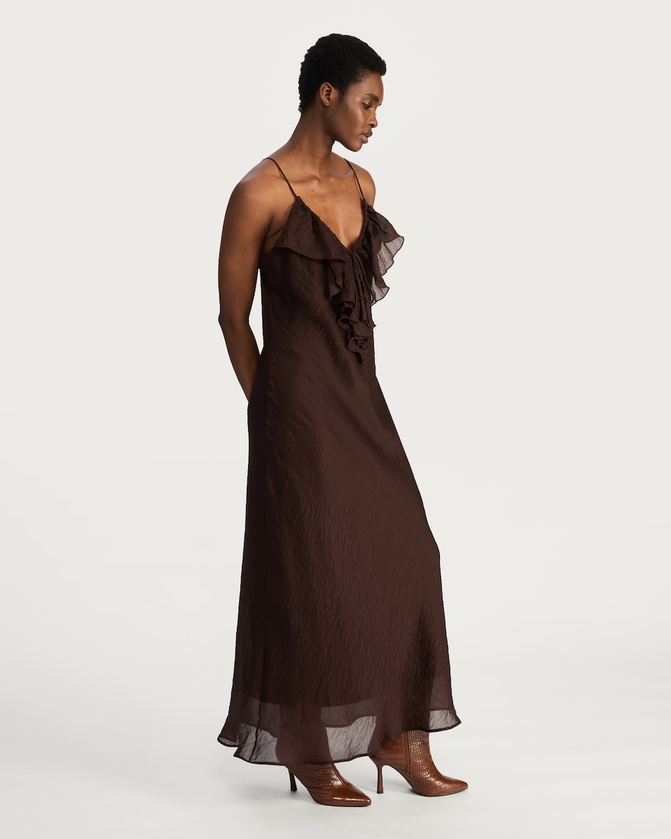 image 1 of F&F V Neck Ruffle Front Strappy Midi Dress in Brown