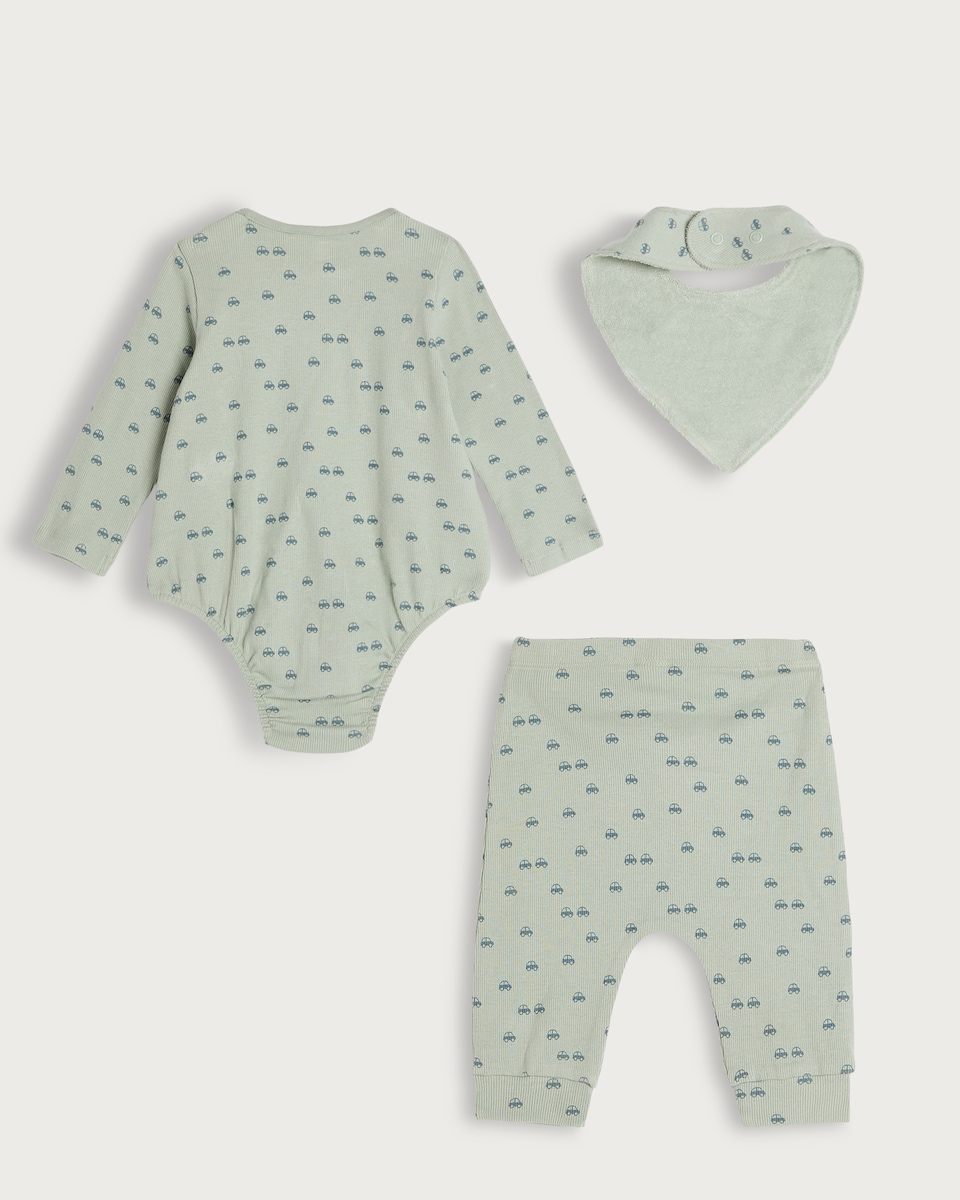 image 1 of F&F Baby 3-Piece Cotton Rich Car Print Bodysuit, Legging and Bib Set in Green