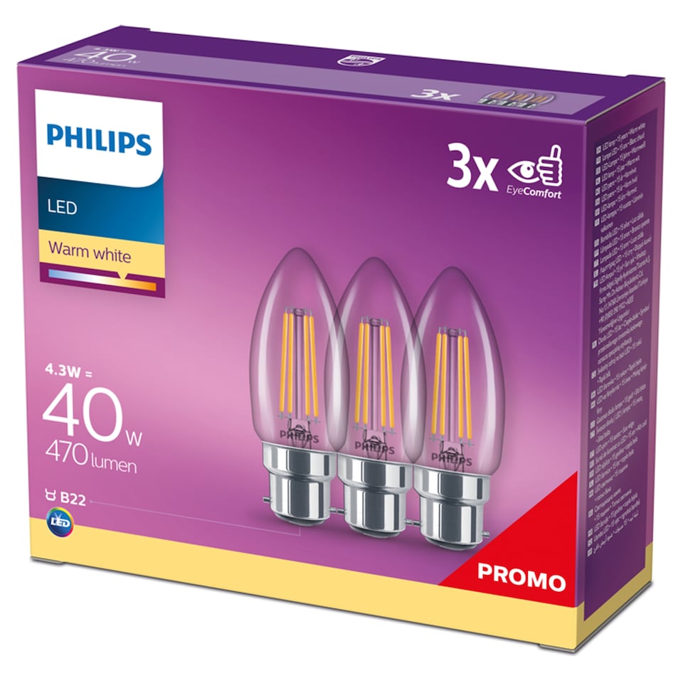 Philips Warm White LED Classic 40W B35 B22 Bulbs 3 Pack