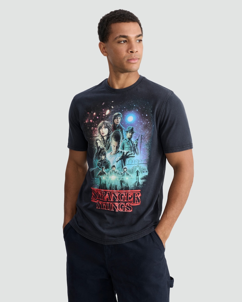 image 1 of Stranger Things Pure Cotton T-Shirt in Black