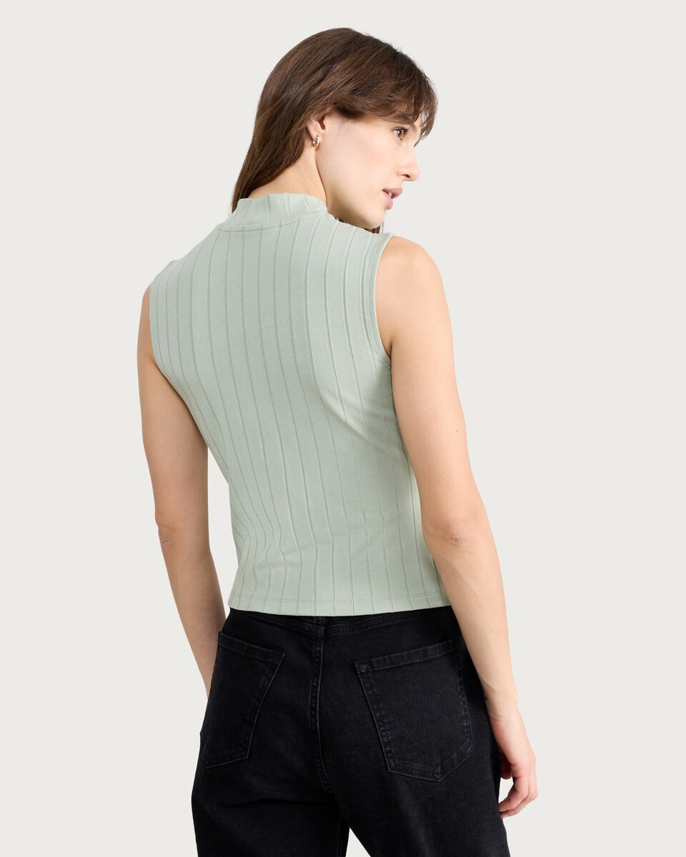 image 1 of F&F Ribbed Turtle Neck Sleeveless Top in Khaki