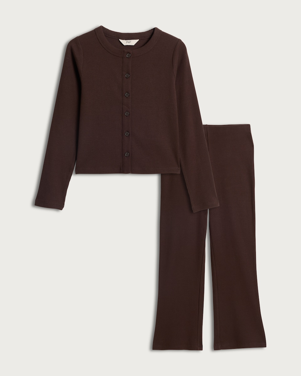 image 1 of F&F Girls 2-Piece Cotton Rich Ribbed Cardigan and Trousers Set in Brown