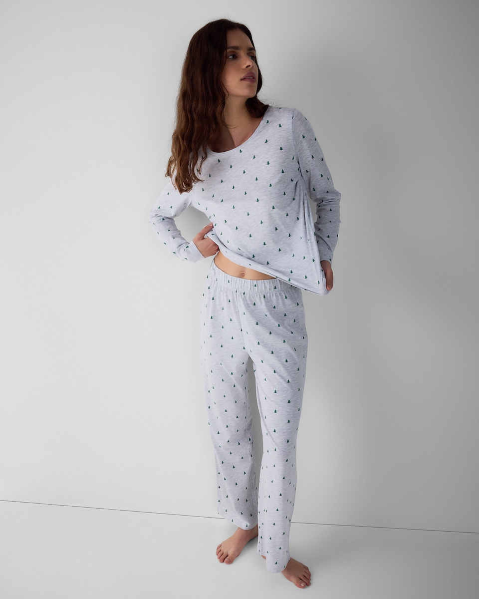 image 1 of Christmas Cotton Rich Tree Print Pyjama Set in Grey