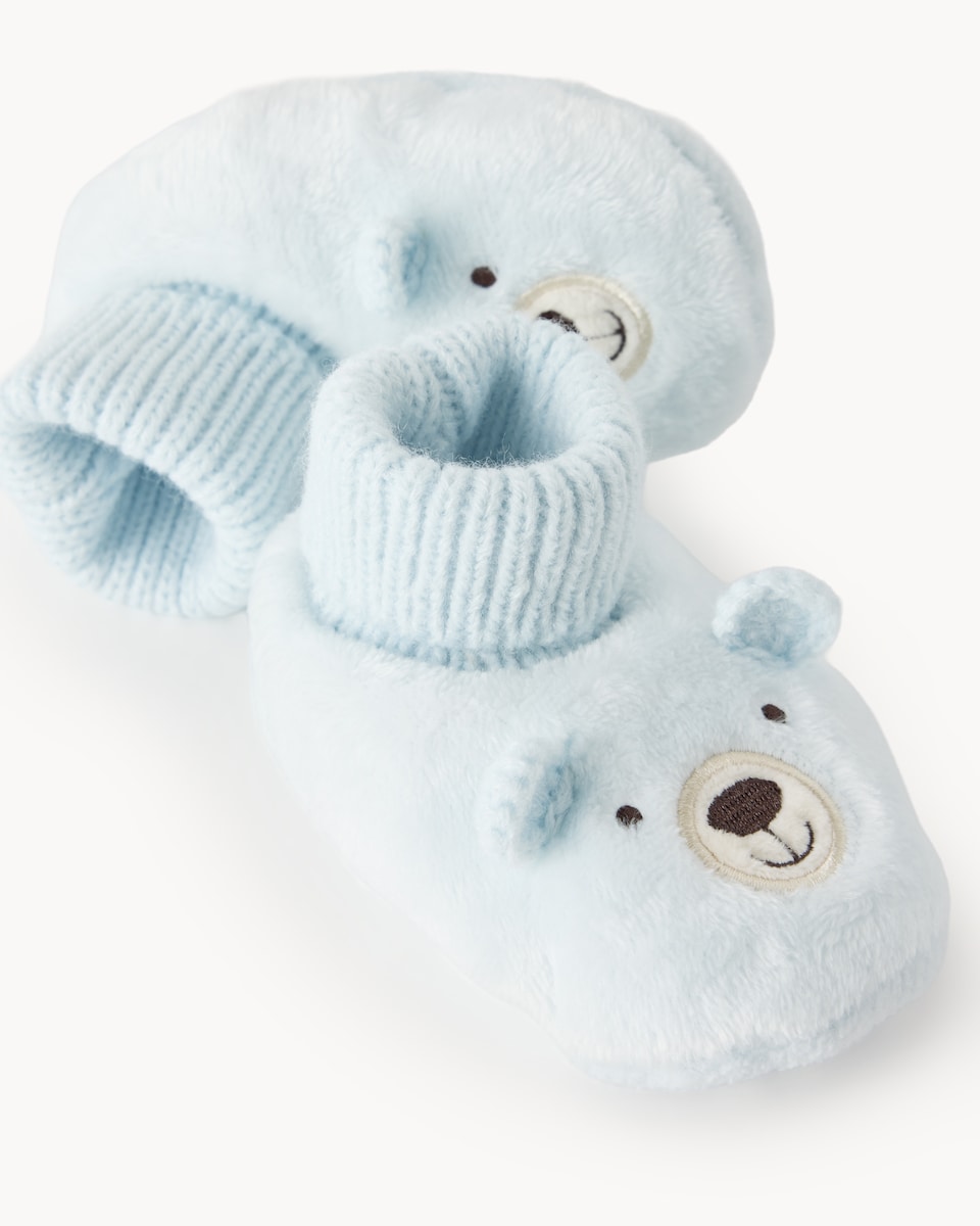 image 1 of F&F Baby Plush Bear Face Booties in Blue
