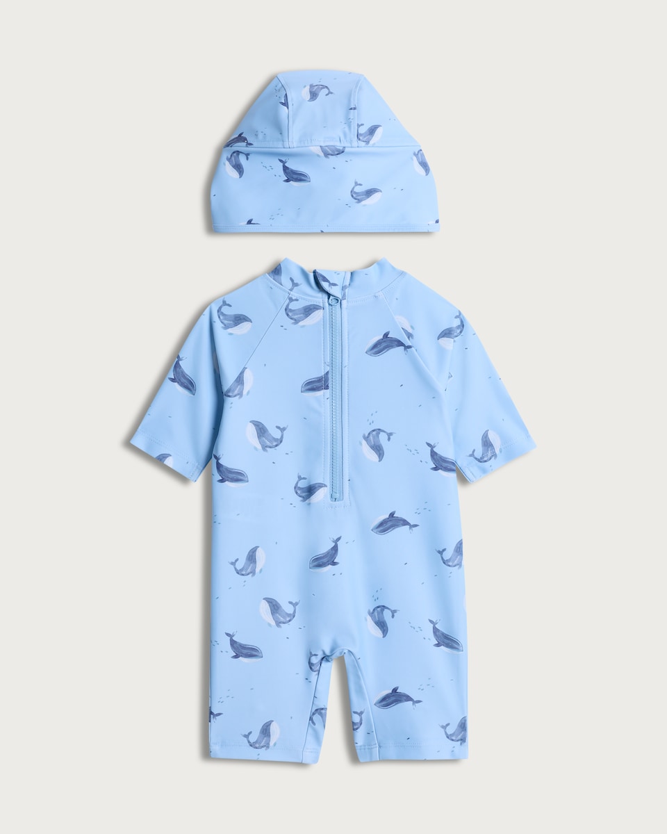 image 1 of F&F Baby 2-Piece Whale Print Sunsafe Swimsuit and Hat Set in Blue