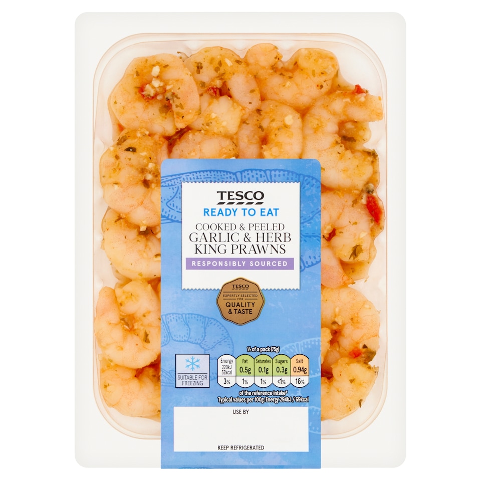 Tesco Ready to Eat Cooked & Peeled Garlic & Herb King Prawns 150g