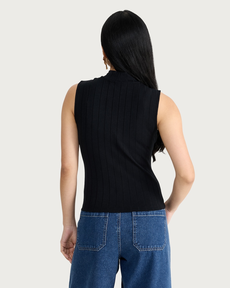 image 1 of F&F Ribbed Turtle Neck Sleeveless Top in Black