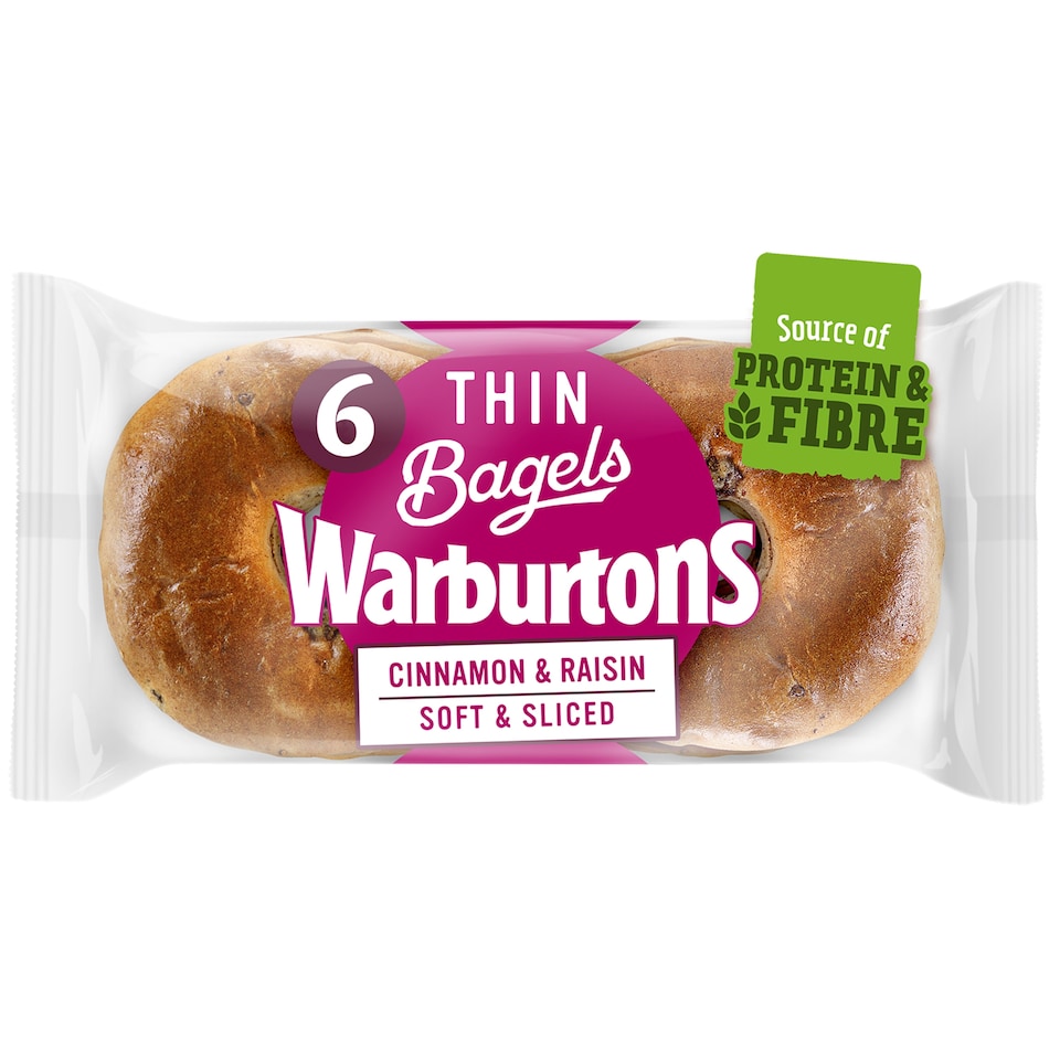 image 1 of Warburtons Thin Cinnamon & Raisin Bagels 6 Pack