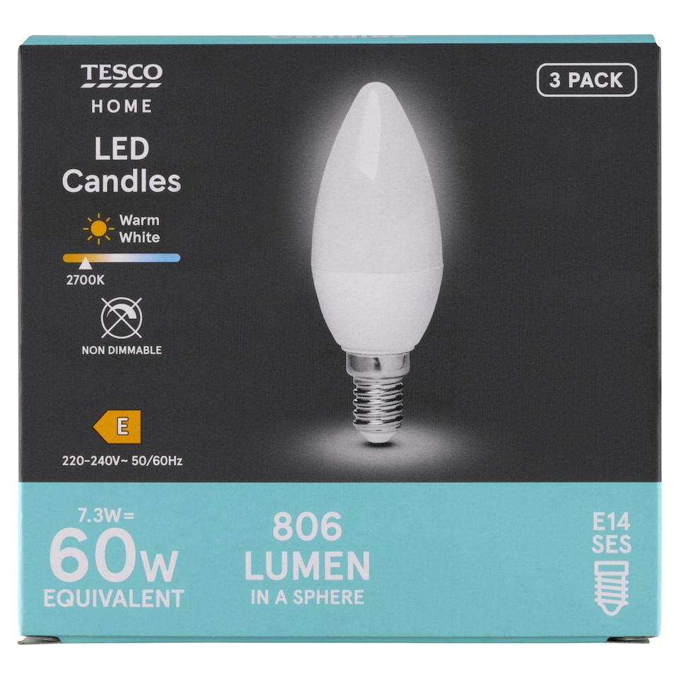 image 1 of Tesco Home E14 806 lm 60 W 2700K LED Candle 3 pcs