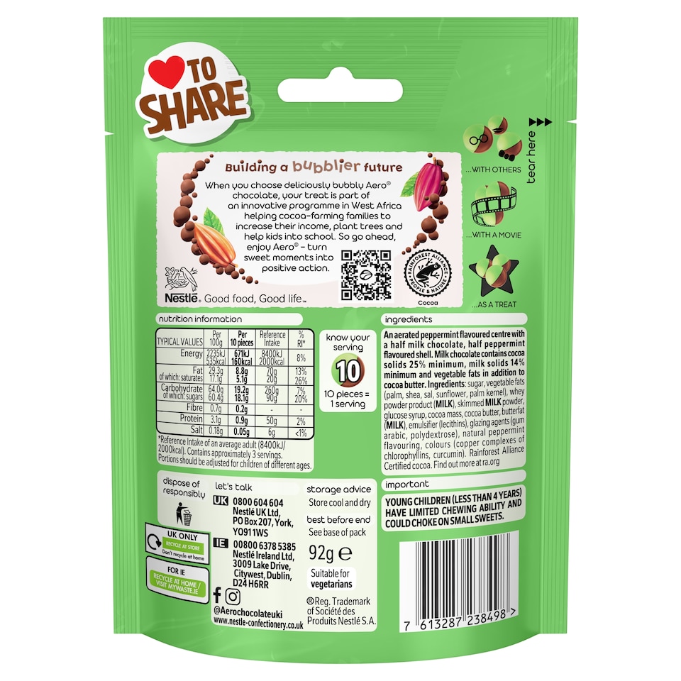 image 1 of Aero Bubbles Peppermint Mint Chocolate Sharing Bag 92g