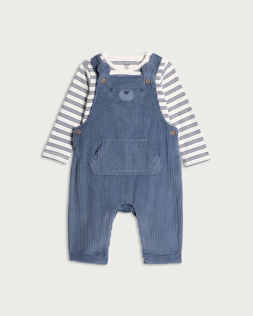 image 1 of F&F Baby 2-Piece Pure Cotton Corduroy Bear Dungaree and Striped Bodysuit Set in Blue