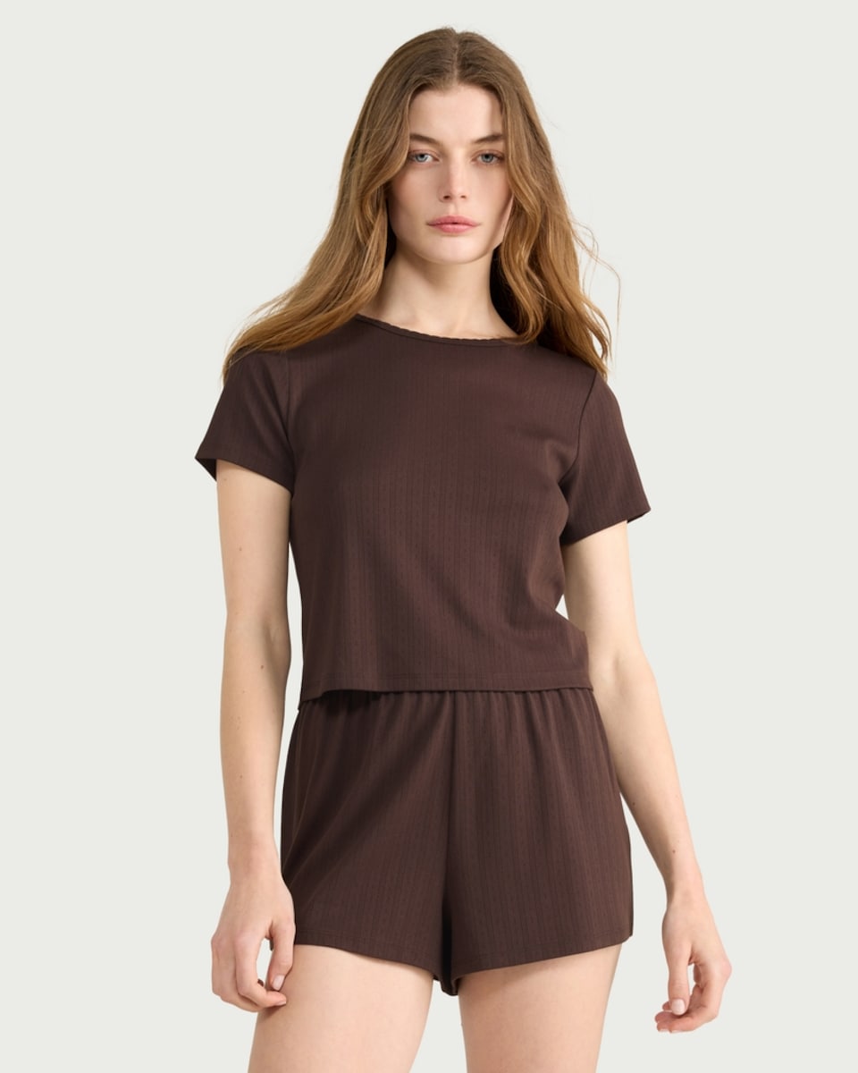 image 1 of F&F Textured Short Pyjama Set in Chocolate