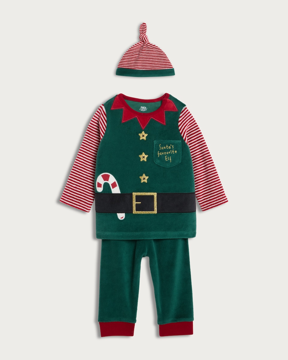 image 1 of F&F Baby 3-Piece Velour Santa's Favourite Elf Outfit in Green