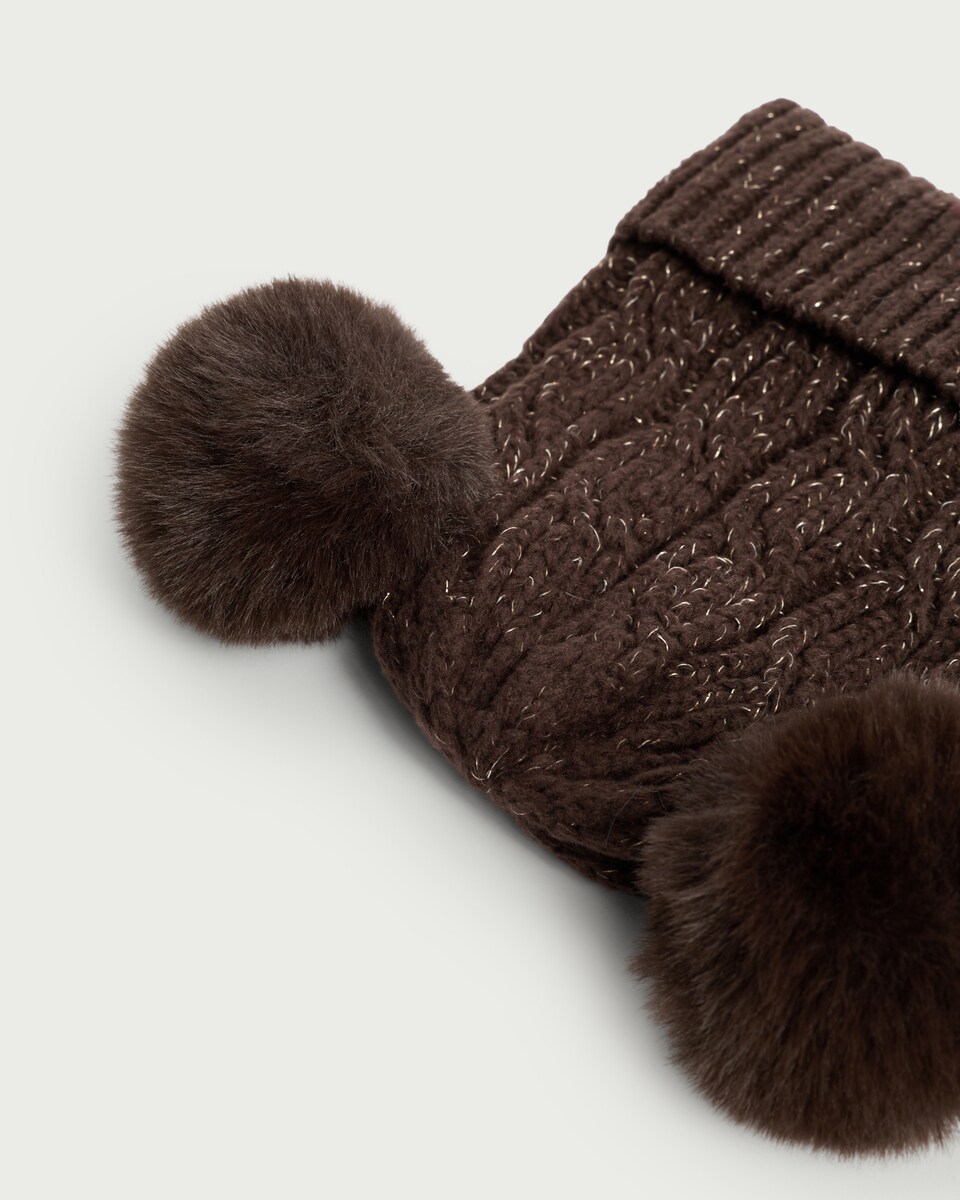 image 1 of F&F Girls Cable Knit Pom Pom Beanie Hat in Chocolate