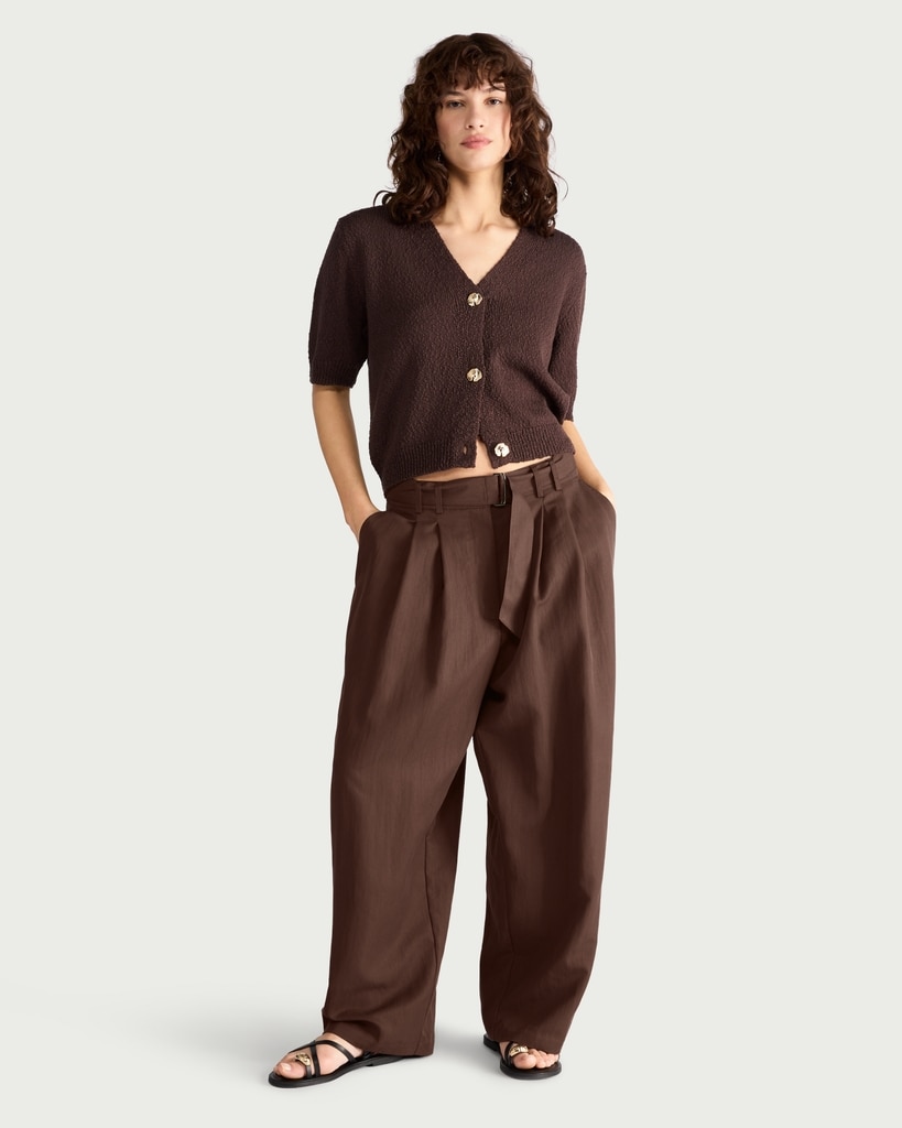 F&F Lyocell Rich Pleated Barrel Leg Belted Trousers in Brown
