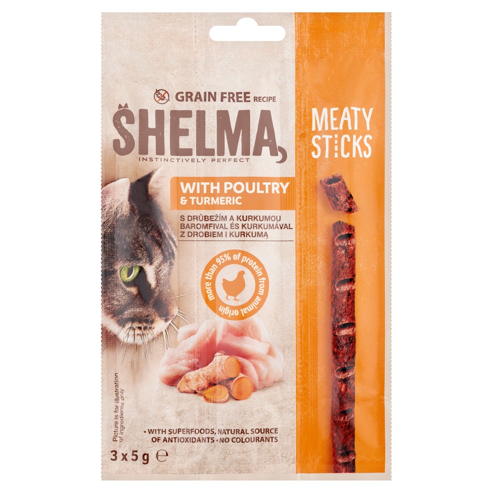 image 1 of Shelma Cat Snack Sticks with Poultry, Turmeric Grain Free Complementary Cat Food 3 x 5 g