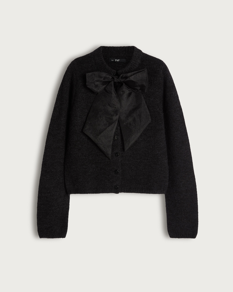 image 1 of The F&F Edit Textured Bow Detail Cardigan with Wool in Black