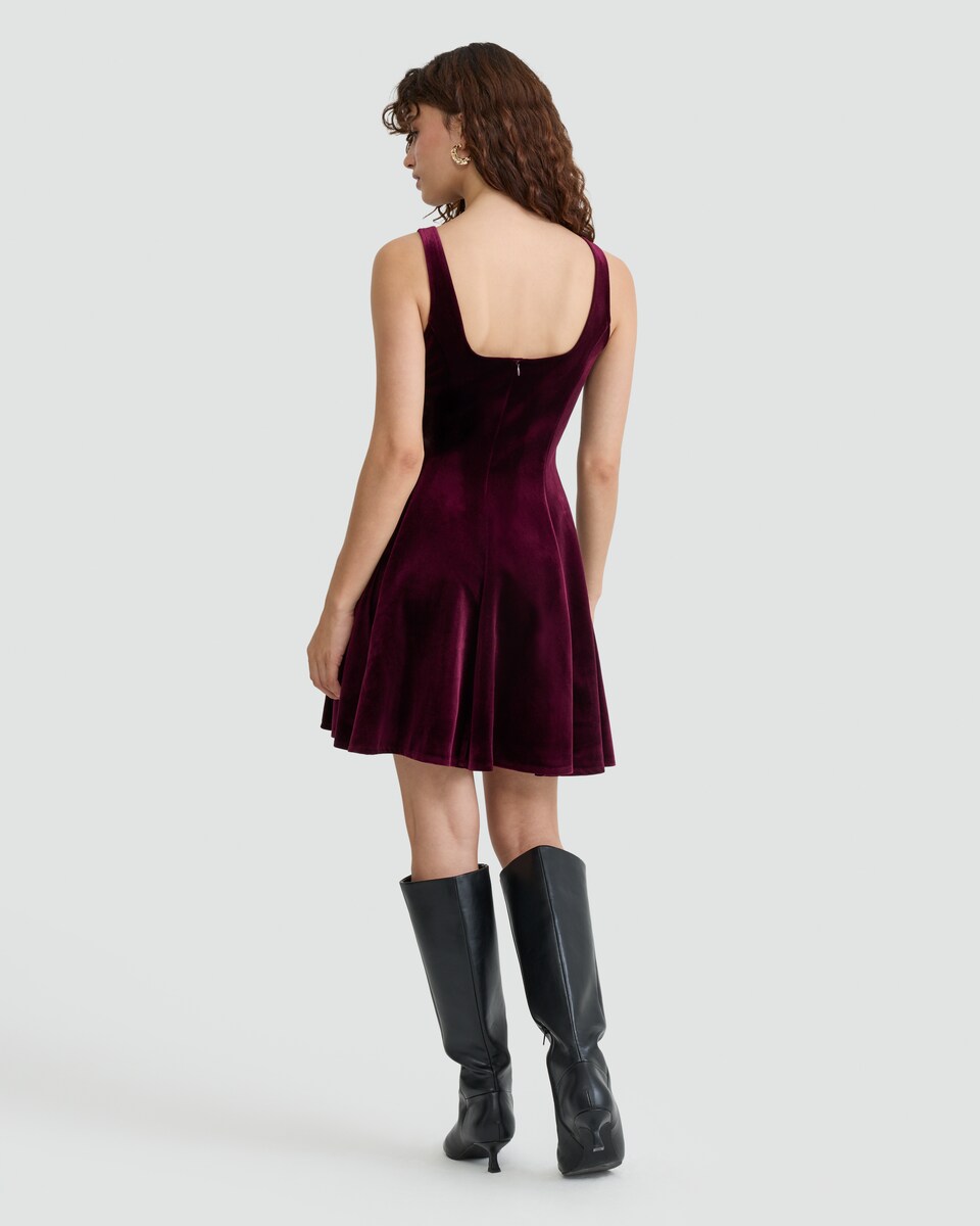 image 1 of F&F Velour Sleeveless Skater Dress in Burgundy