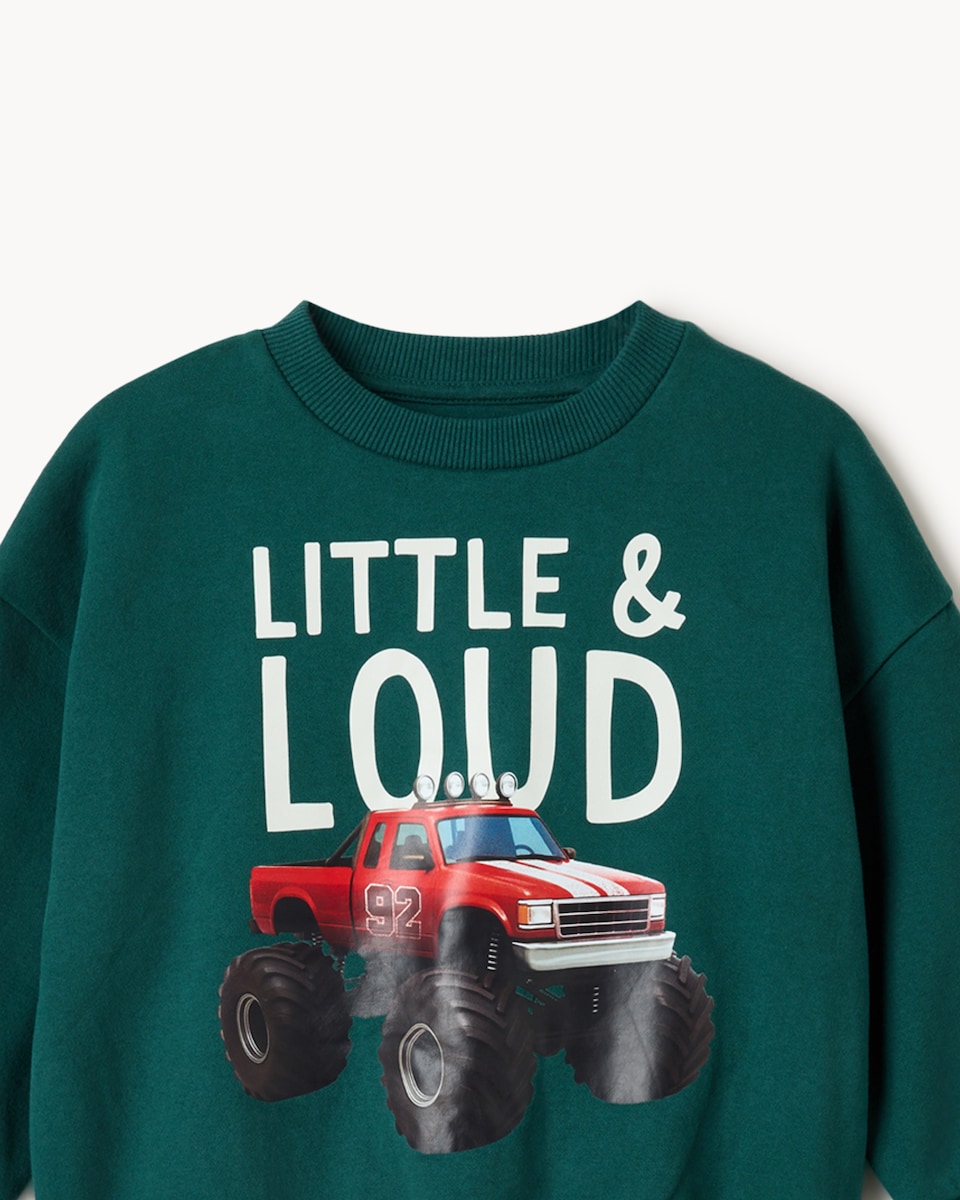 image 1 of F&F Boys Cotton Rich Vehicle Print Sweatshirt and Joggers Set in Green