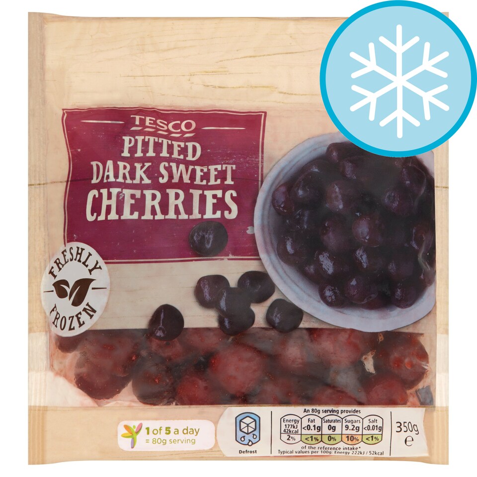TESCO PITTED DARK SWEET CHERRIES 350G