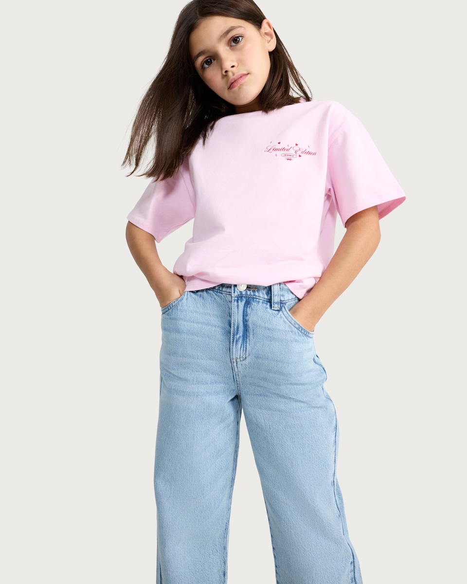 image 1 of F&F Girls Pure Cotton Heart Wide Leg Jeans in Blue