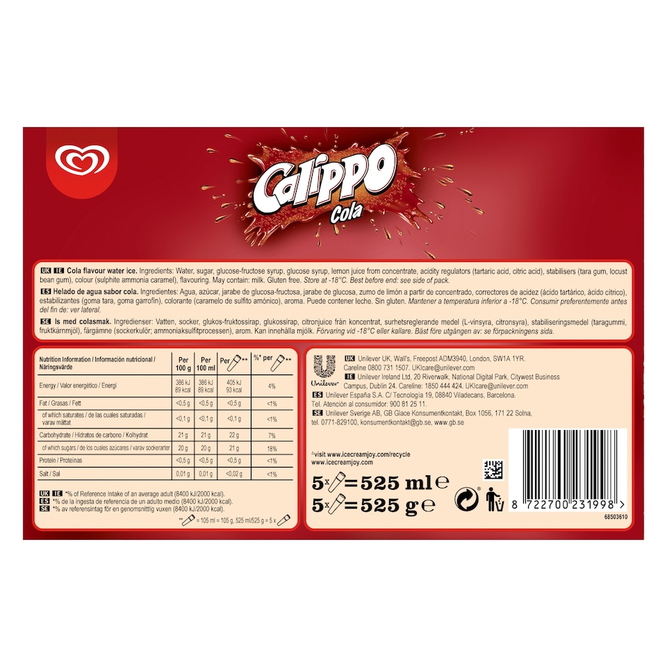 image 1 of Wall's Calippo Cola 5 Pack 525Ml