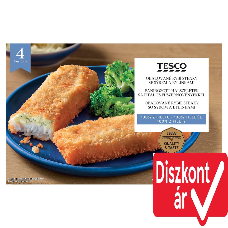 Tesco gyorsfagyasztott elősütött panírozott halszeletek sajttal és fűszernövényekkel 440 g