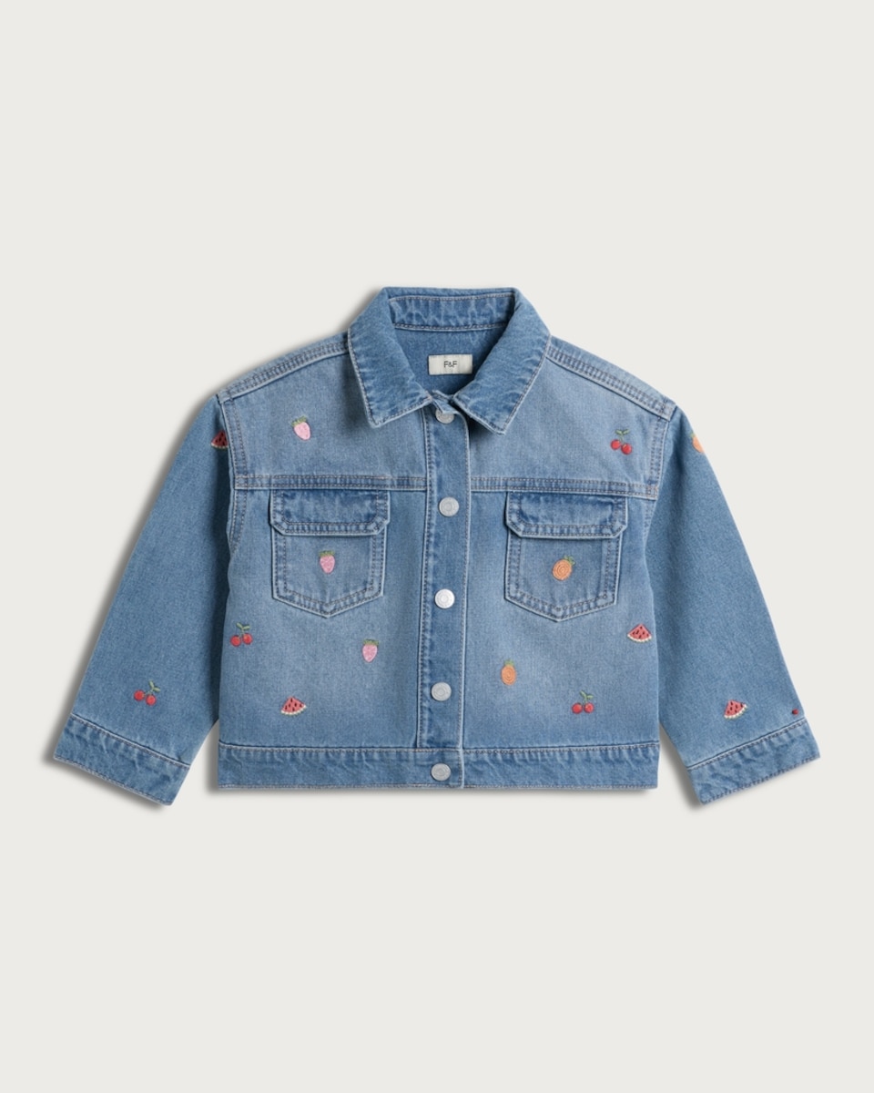 F&F Girls Pure Cotton Fruit Embroidered Button Up Denim Jacket in Blue