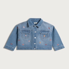 F&F Girls Pure Cotton Fruit Embroidered Button Up Denim Jacket in Blue