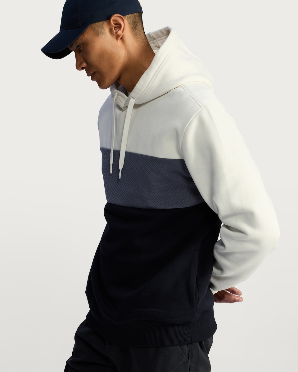 image 1 of F&F Textured Cotton Rich Colour Block Drawstring Hoodie in Navy