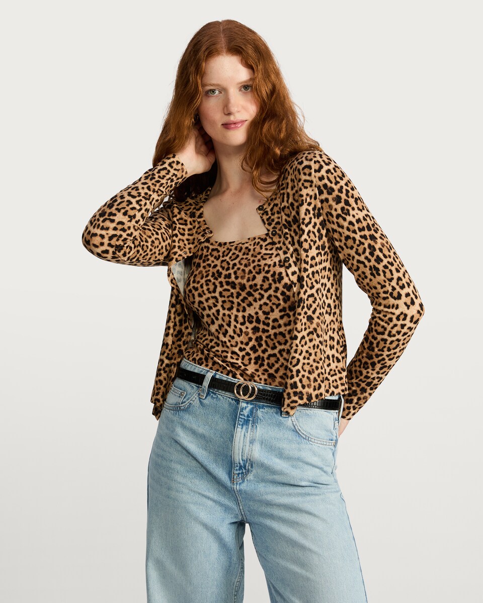 image 1 of F&F 2 in 1 Leopard Print Vest and Cardigan in Multi Brown
