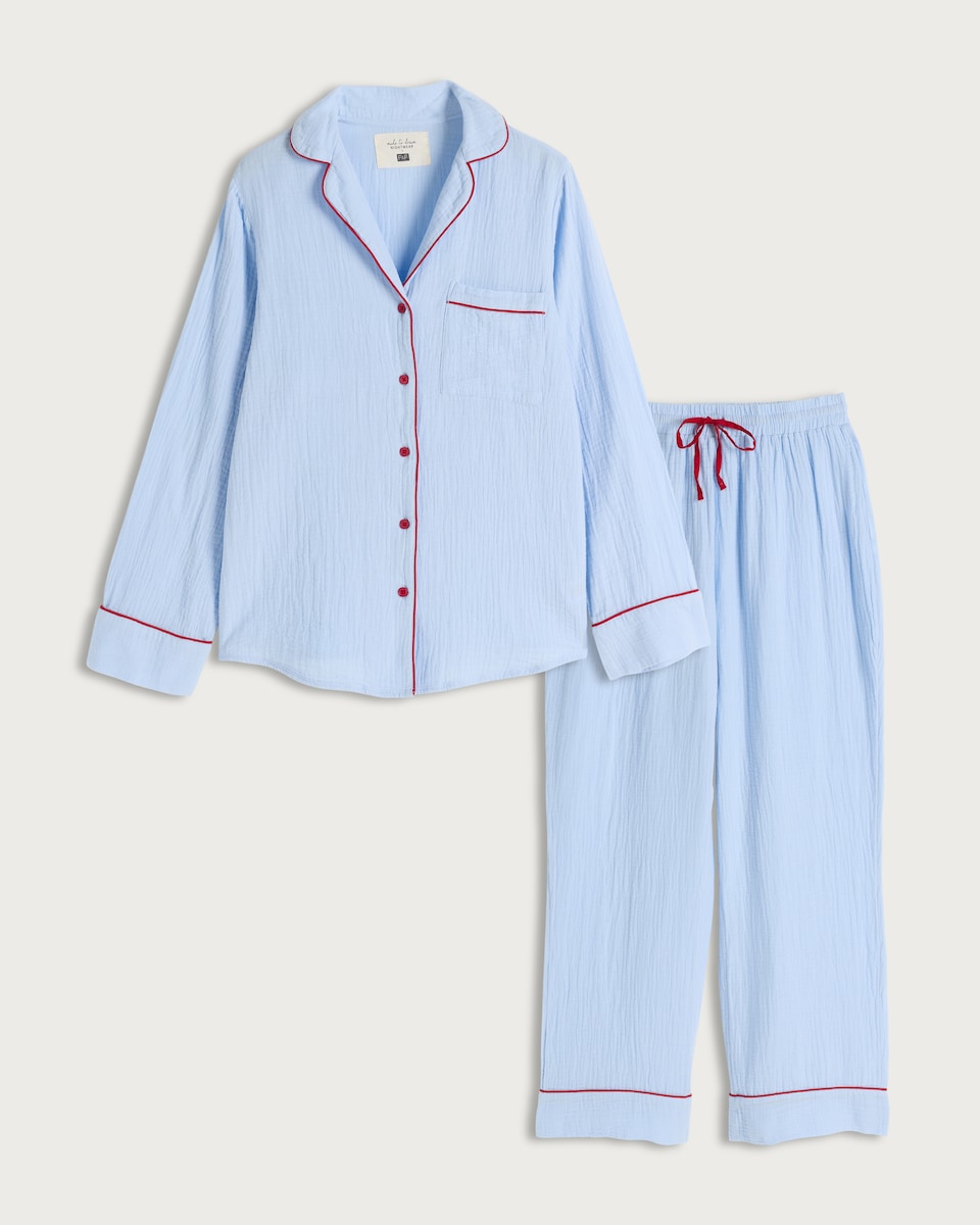 image 1 of F&F Pure Cotton Textured Contrast Trim Pyjama Set in Blue