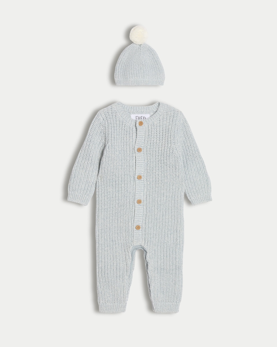 image 1 of F&F Baby 2-Piece Pure Cotton Knitted Romper and Hat Set in Blue