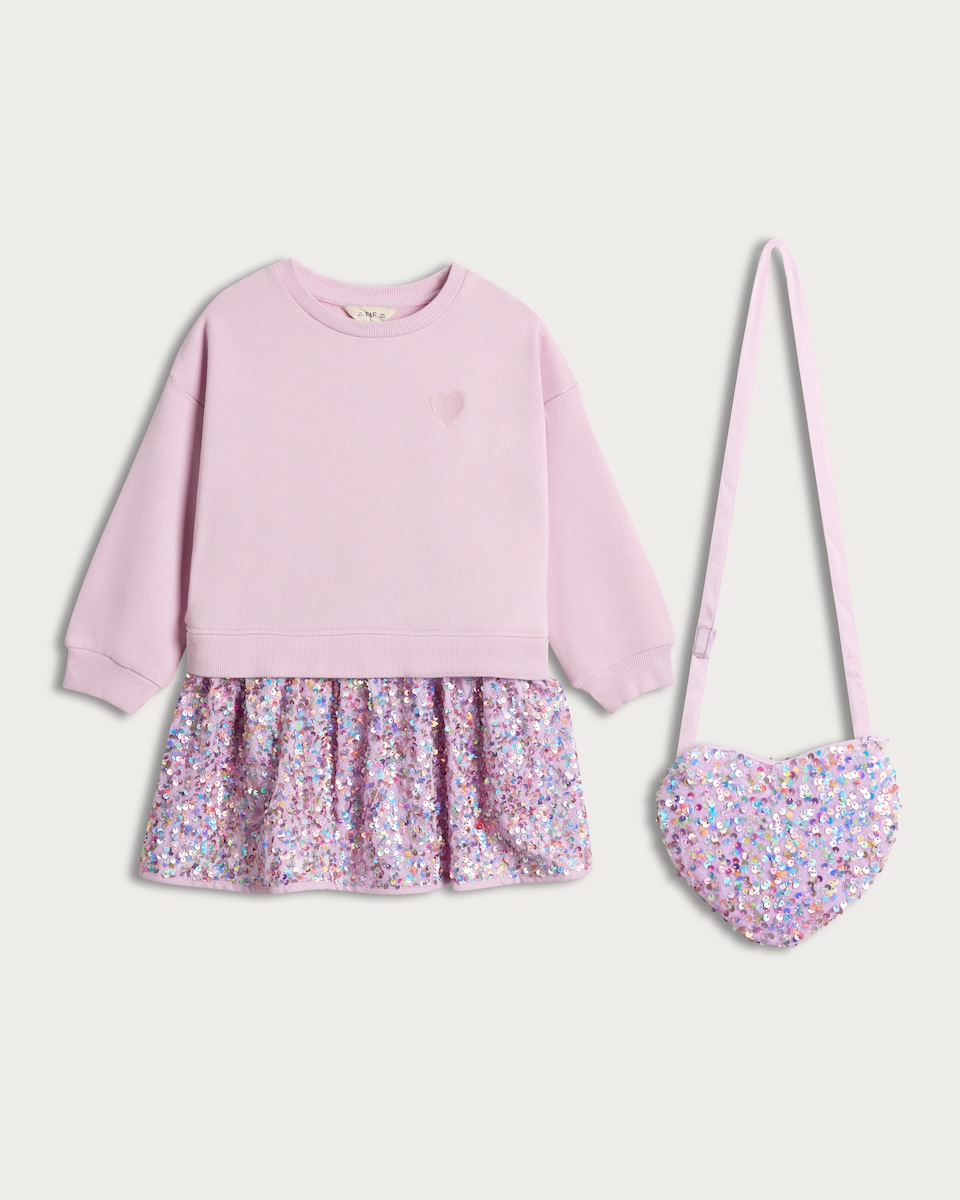 image 1 of F&F Girls 2-Piece Cotton Rich Sequin Twofer Dress and Heart Bag Set in Lilac