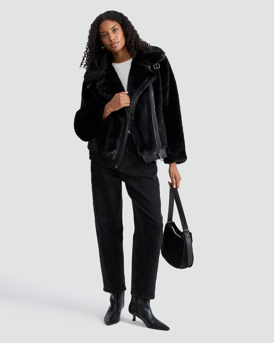 image 1 of F&F Faux Fur Aviator Jacket in Black