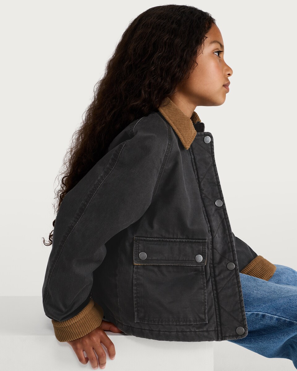 image 1 of F&F Girls Corduroy Collar Waxed Jacket in Black