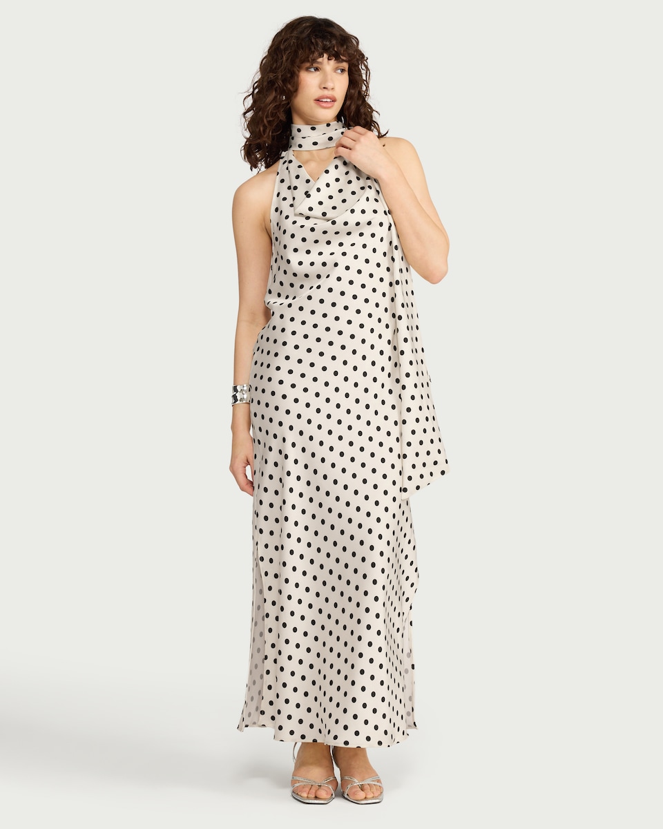 image 1 of F&F Satin Polka Dot Cowl Neck Maxi Dress in Multi Black White