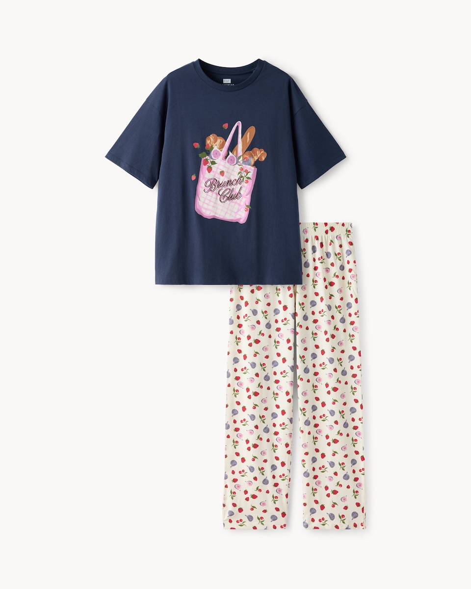 F&F Pure Cotton Brunch Club Top and Bottoms Pyjama Set in Navy