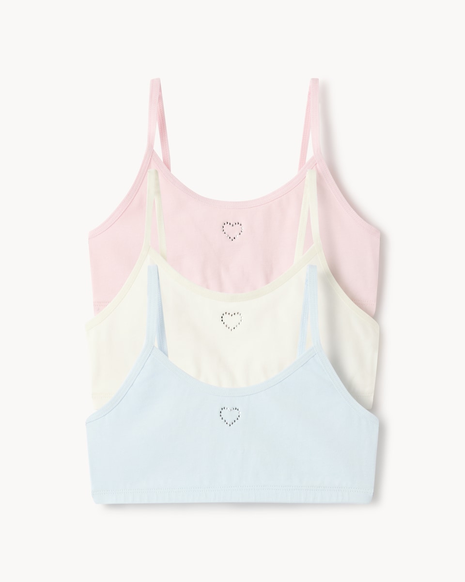 image 1 of F&F Girls 3-Pack Cotton Rich Diamanté Heart Crop Tops in Multi