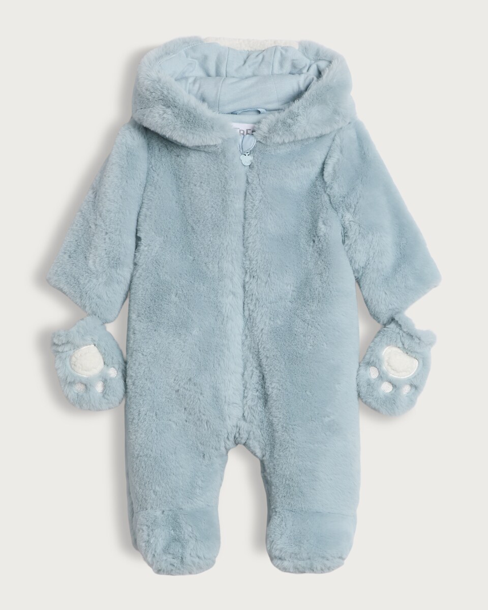 image 1 of F&F Baby Fleece Bear Detail Hooded All-In-One in Multi Blue