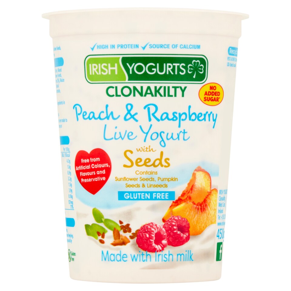 Irish Yoghurt Peach And Raspberry Live Yoghurt With Seeds 450G