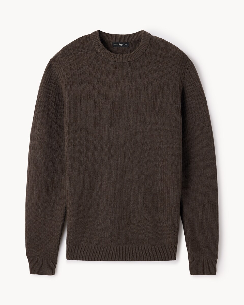 image 1 of F&F Ladder Stitch Crew Neck Jumper in Brown