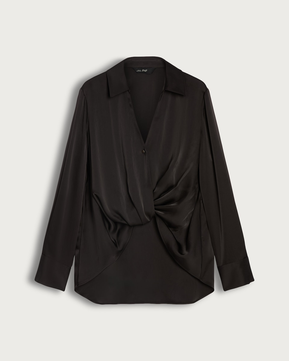 image 1 of F&F Satin Twist Front Long Sleeved Blouse in Black