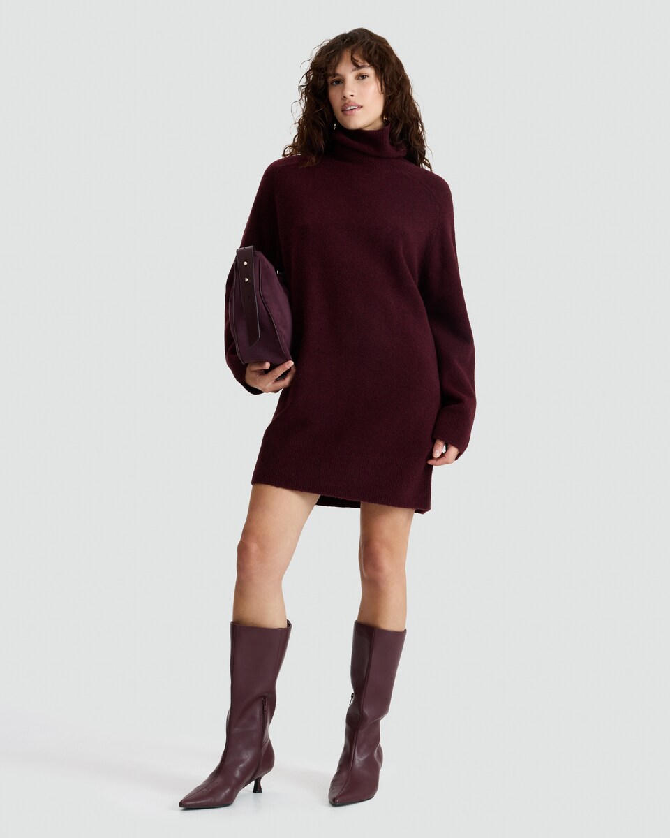 image 1 of F&F Knitted Roll Neck Jumper Dress with Wool in Burgundy
