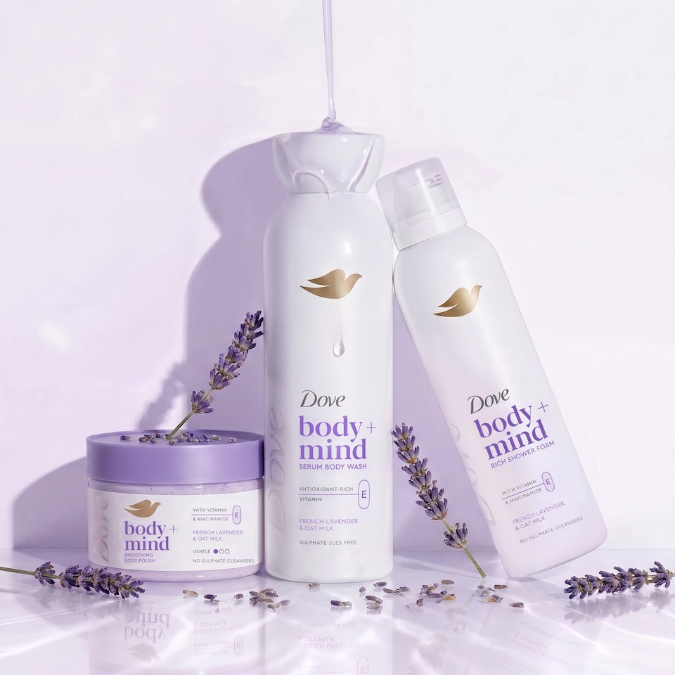 image 1 of Dove Body + Mind French Lavender & Oat Milk Bath Scrub 295ml