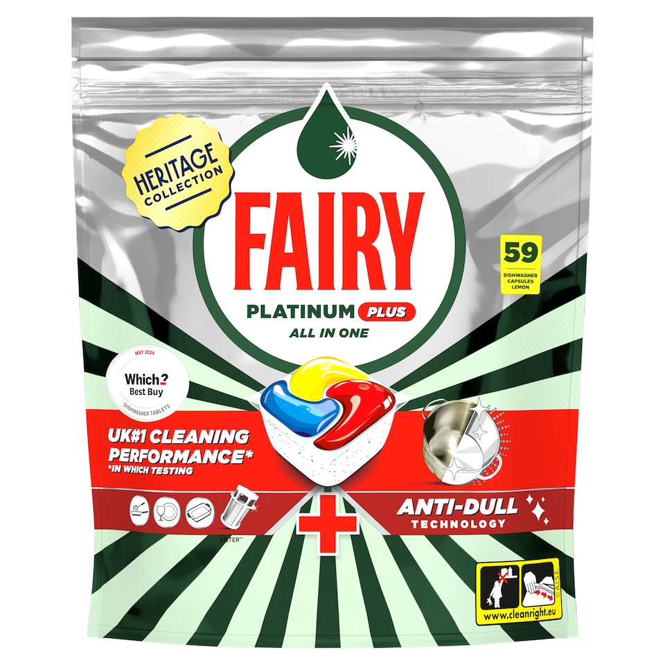 image 1 of Fairy Heritage Collection Platinum Plus AIO Dishwasher Capsules Lemon 59ct 915g