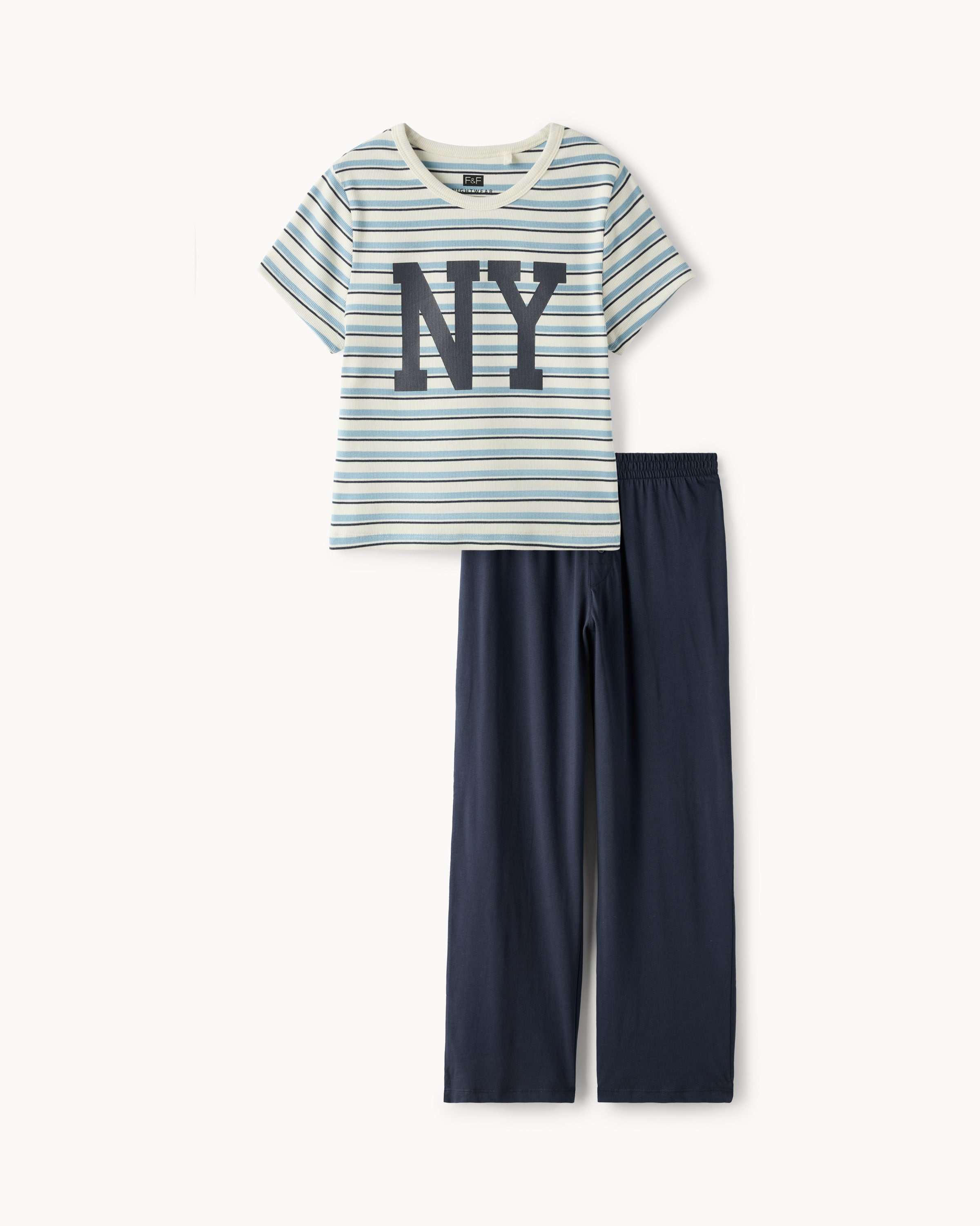 F&F Cotton Rich NY Top and Bottoms Pyjama Set in Blue, XL