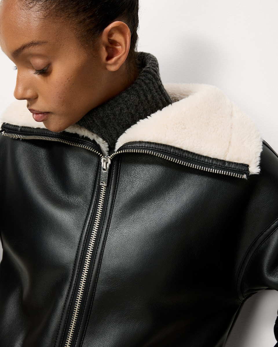 image 1 of F&F Faux Leather Shearling Jacket in Black
